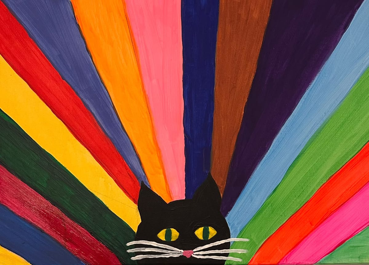 A black cat with yellow eyes and white whiskers peeks up from the bottom edge of the canvas, beneath bold bands of red, orange, pink, blue, purple and green radiating outward like rays.
