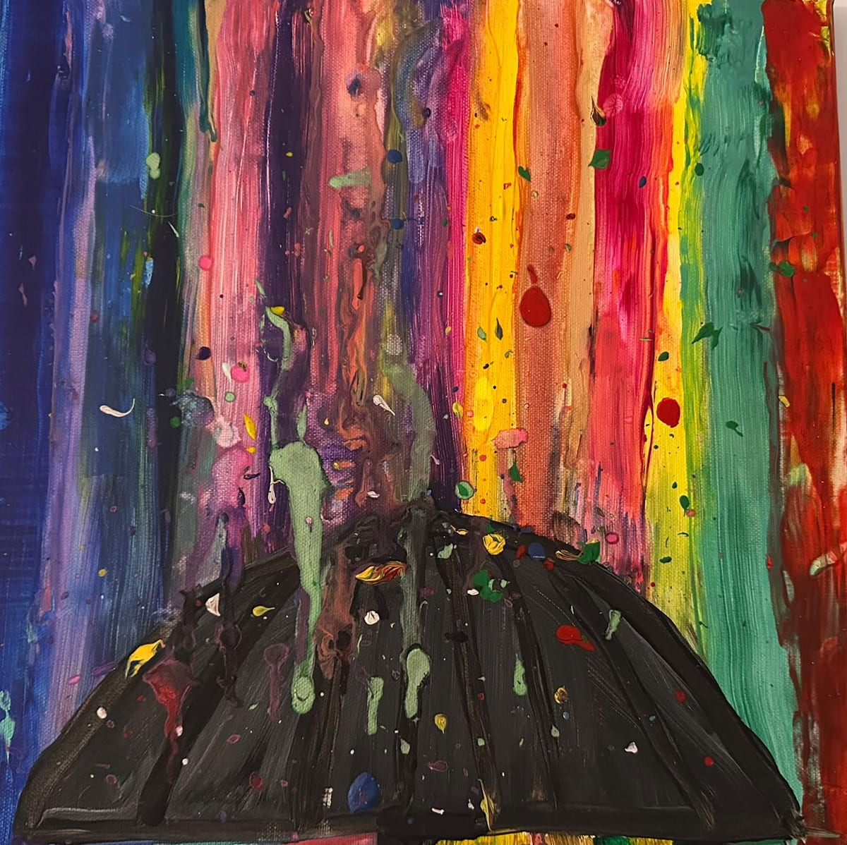 Vertical streaks of rainbow color — blue, violet, pink, yellow, green and red — run down the canvas onto a black umbrella speckled with drops of paint.