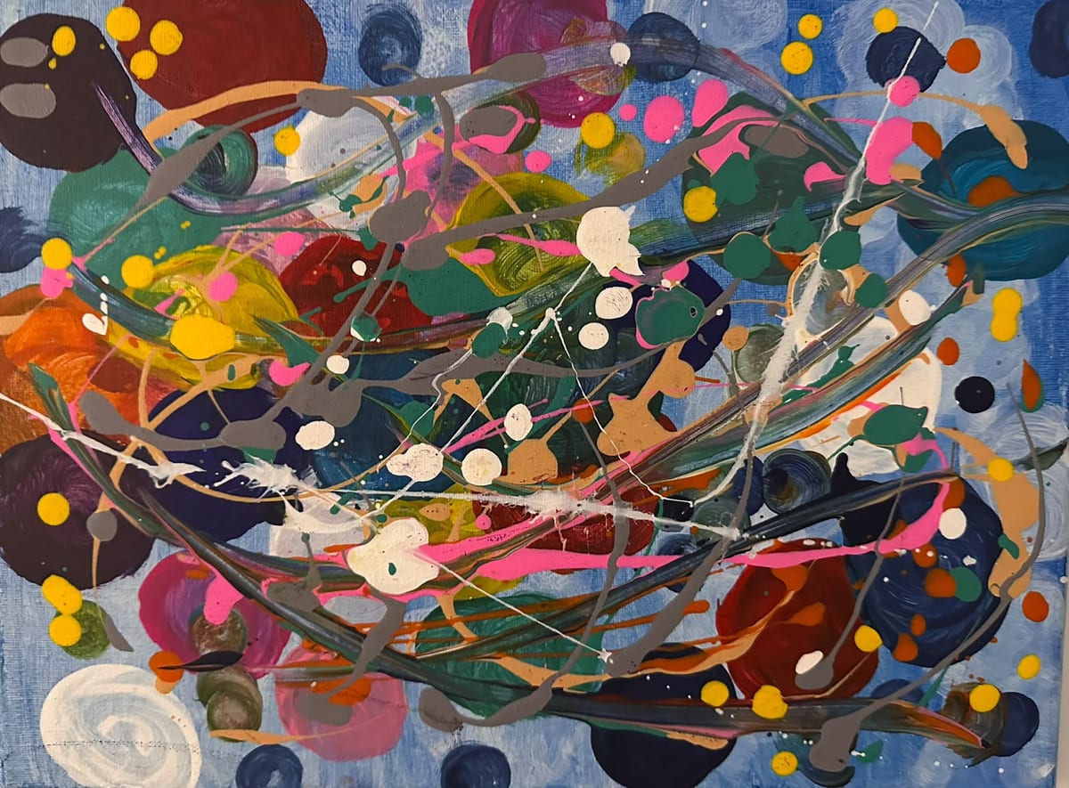 Abstract painting on a pale blue ground — overlapping circles in plum, red, green and navy, crossed by drips and splatters of grey, pink, white, yellow and ochre.