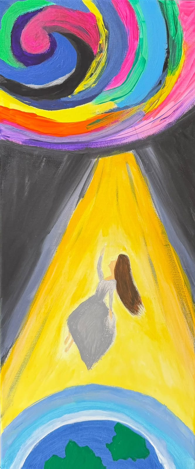 Vertical painting of a woman in a grey dress floating with one arm raised inside a beam of yellow light, between a swirling vortex of pink, blue, green and yellow above and the blue curve of the Earth below.